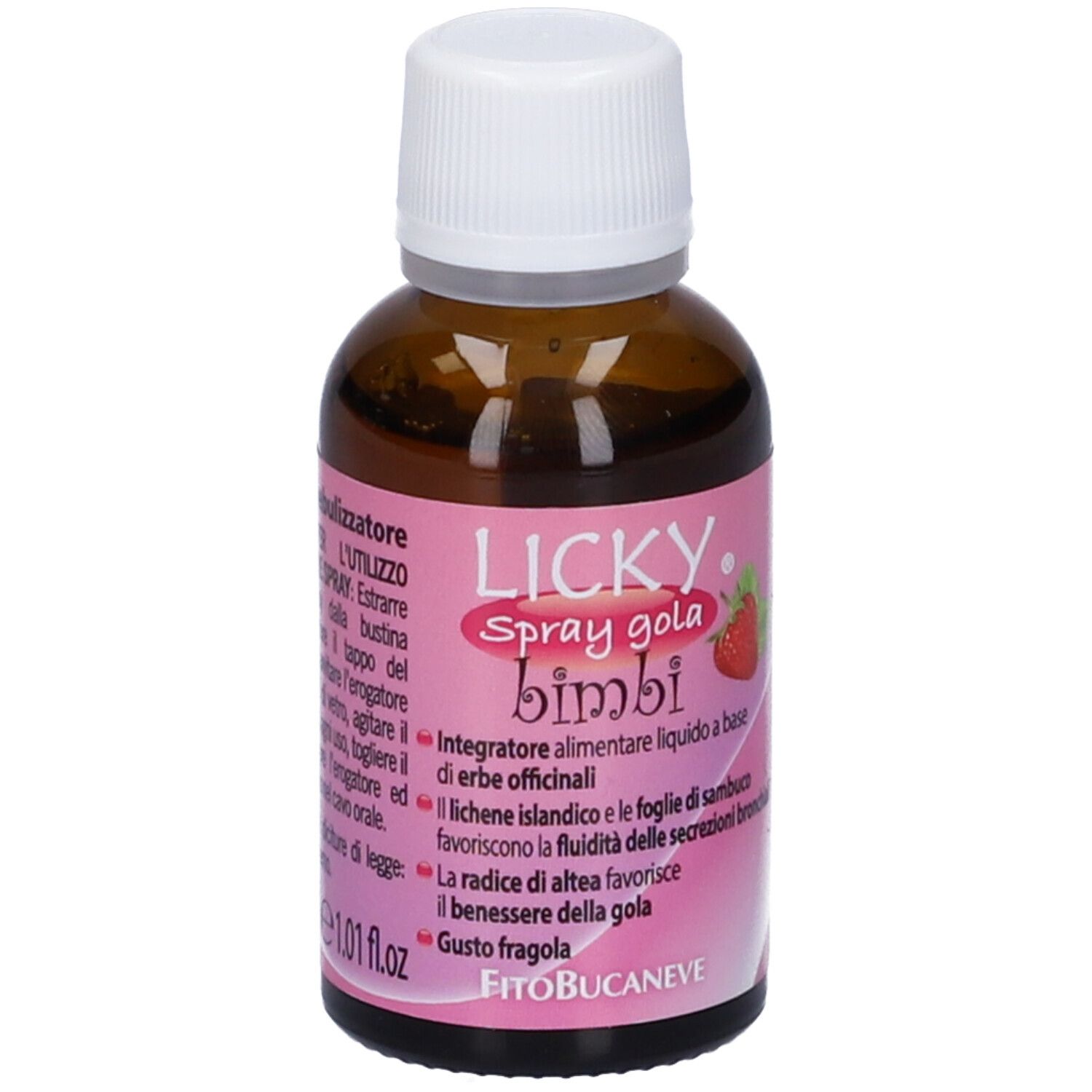 Flacone di vetro marrone con tappo bianco ed etichetta rosa. Scritta: Licky Spray gola bimbi. Retro con testo.