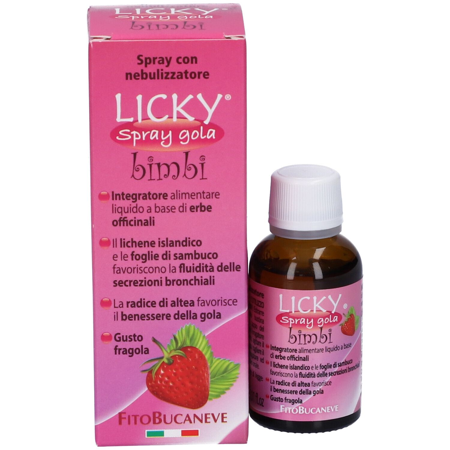 Flacone di vetro marrone con tappo bianco ed etichetta rosa. Scritta: Licky Spray gola bimbi. Con confezione.