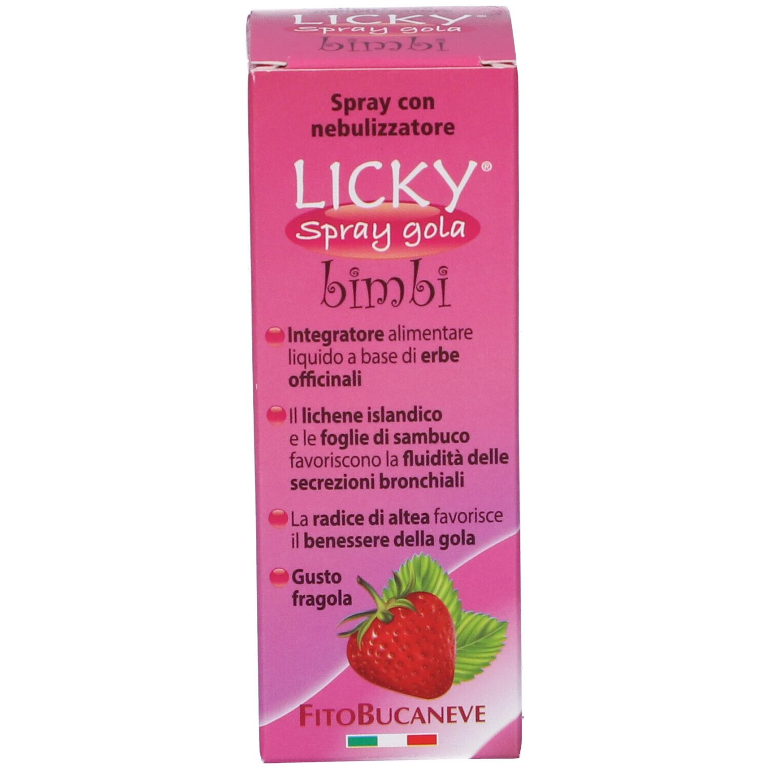 Confezione rosa con scritta: Licky Spray gola bimbi. Illustrazione fragola. Informazioni sul prodotto.