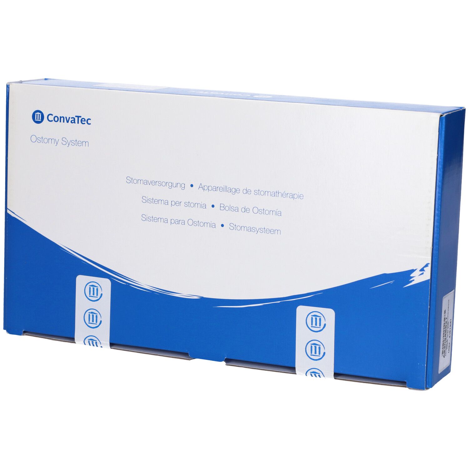 Confezione del prodotto blu e bianca. Loghi e simboli sulla confezione. Nome del prodotto: Ostomy System.