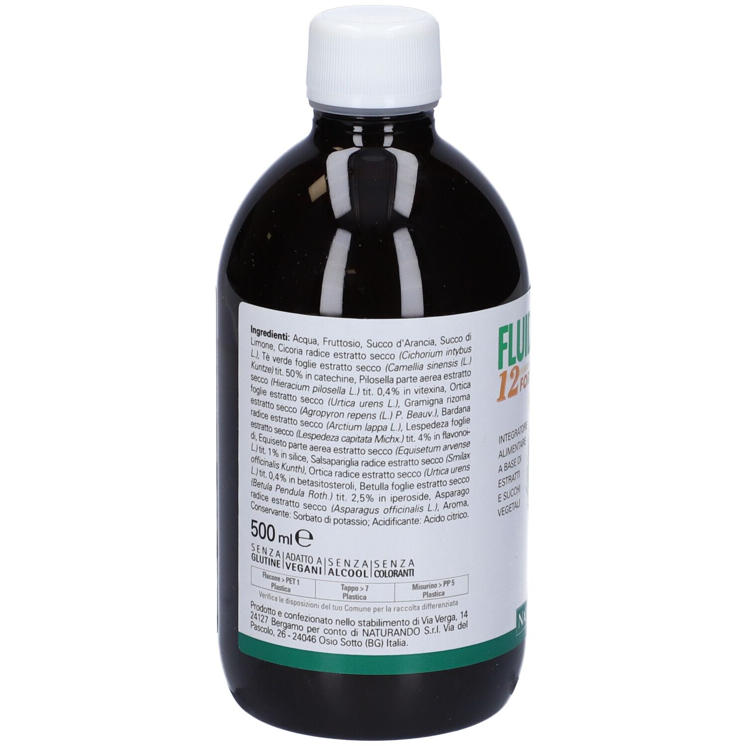 Bottiglia scura con tappo bianco. Retro con ingredienti e informazioni. 500 ml.