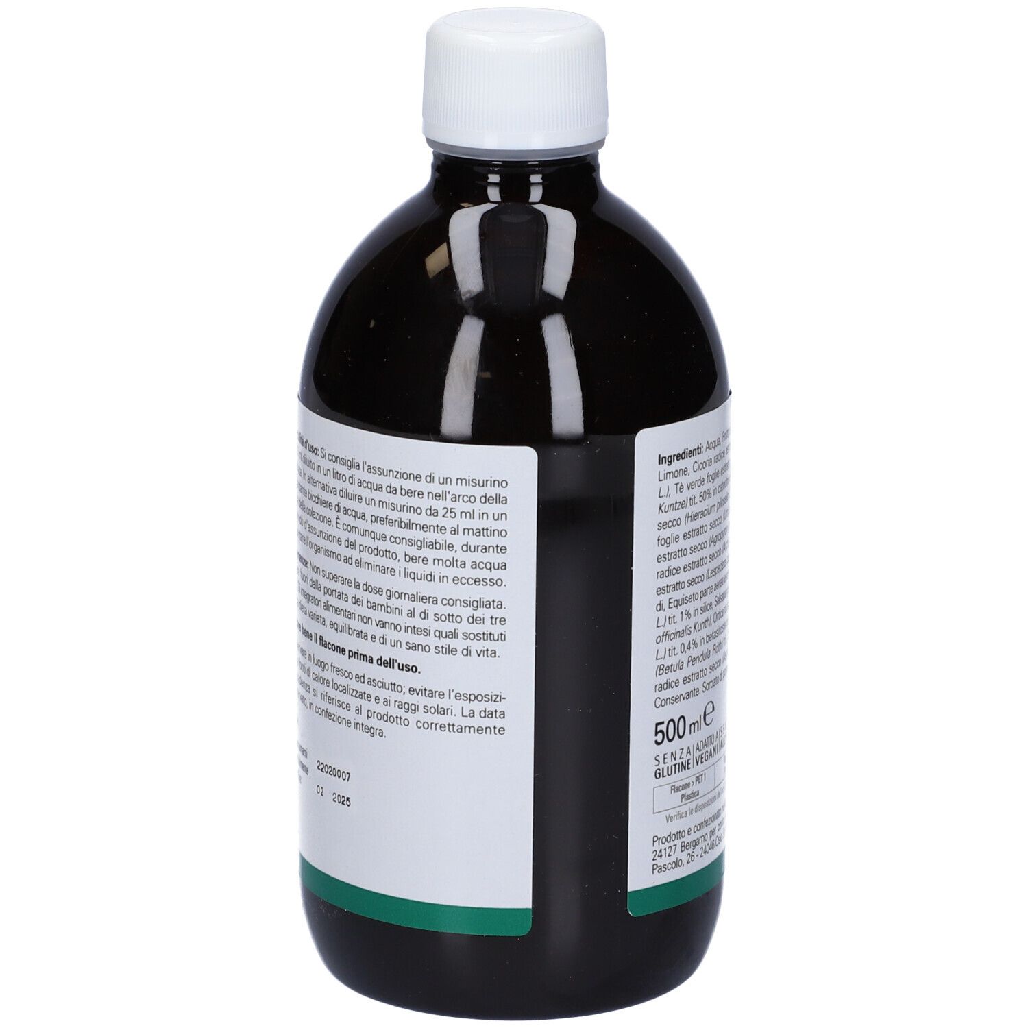 Bottiglia scura con tappo bianco. Retro con istruzioni per l'uso e informazioni. 500 ml.