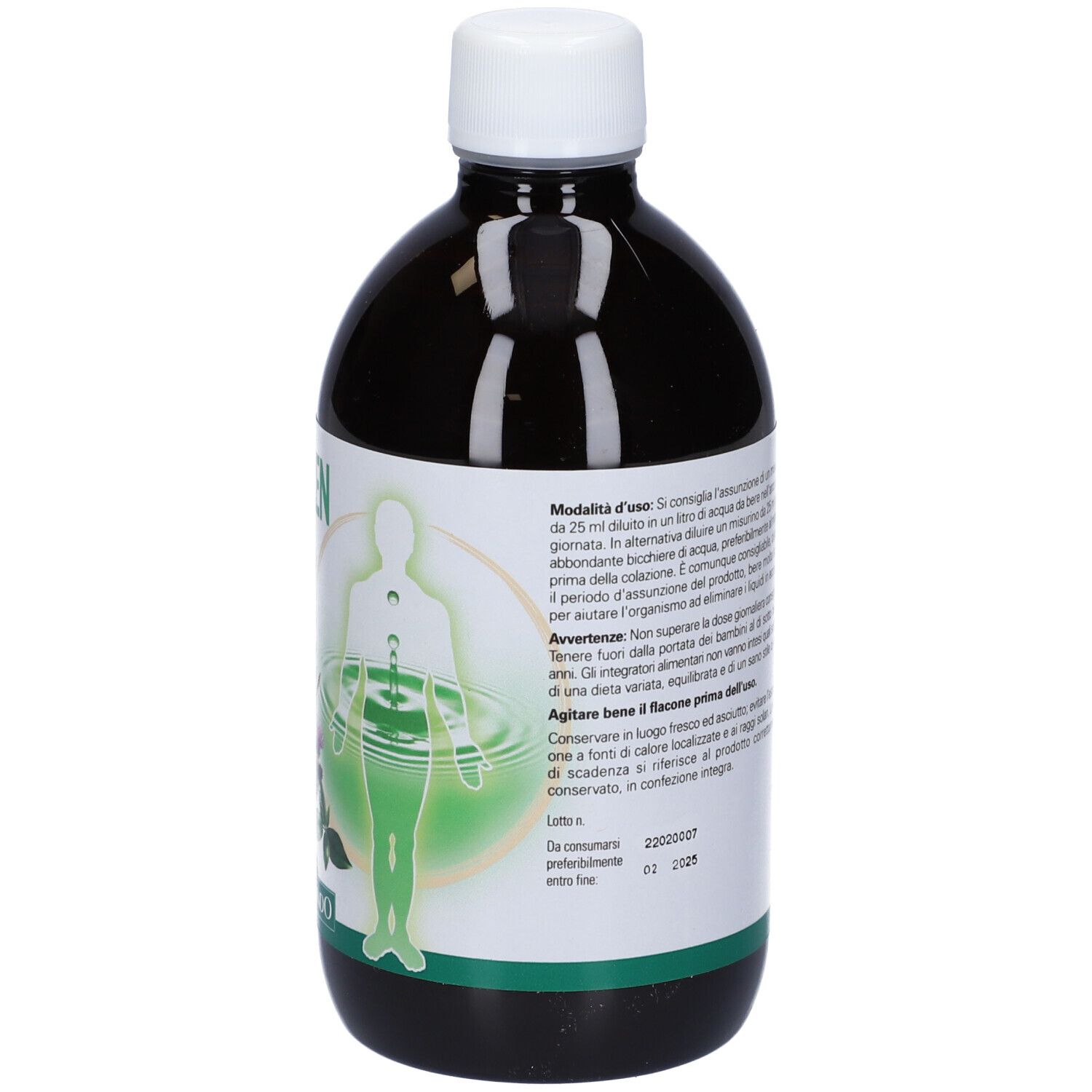 Bottiglia scura con tappo bianco. Retro con istruzioni per l'uso e informazioni. 500 ml.