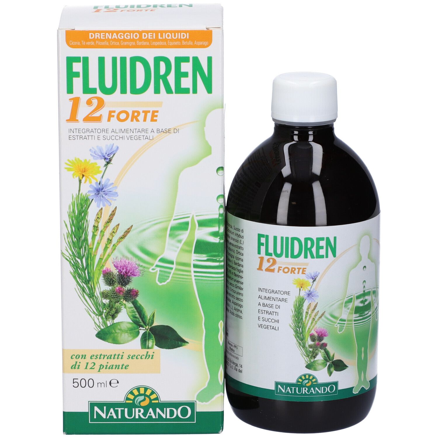 Bottiglia scura e scatola. Scritta Fluidren 12 Forte. Illustrazione di una persona. 500 ml.