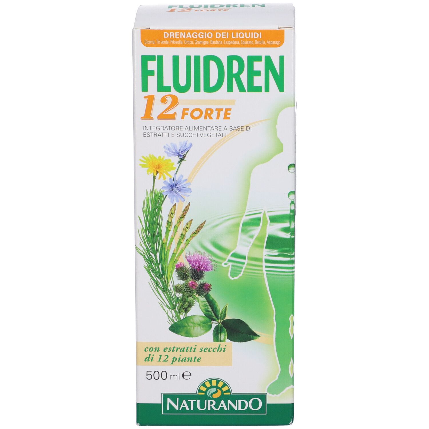 Scatola. Scritta Fluidren 12 Forte. Illustrazione di una persona. 500 ml. Logo Naturando.