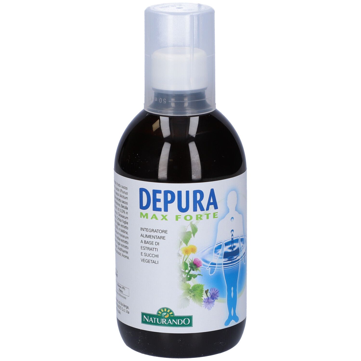 Liquido marrone in bottiglia con tappo bianco. Scritta: Depura Max Forte. Marchio: Naturando.