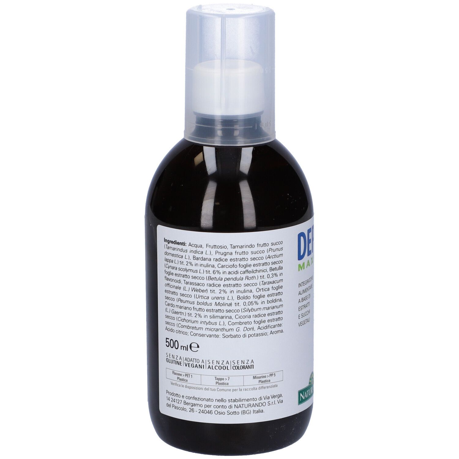Retro della bottiglia. Scritta: Ingredienti, 500 ml. Marchio: Naturando.