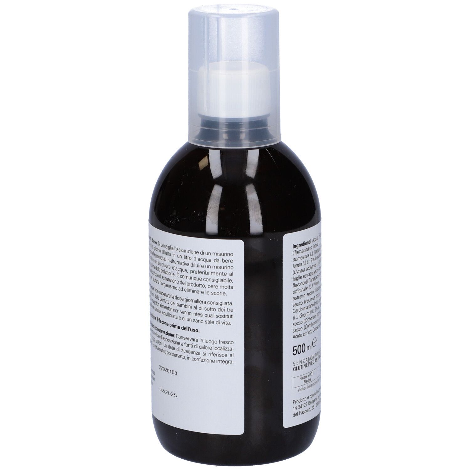 Retro della bottiglia. Scritta: Istruzioni per l'uso, 500 ml. Marchio: Naturando.