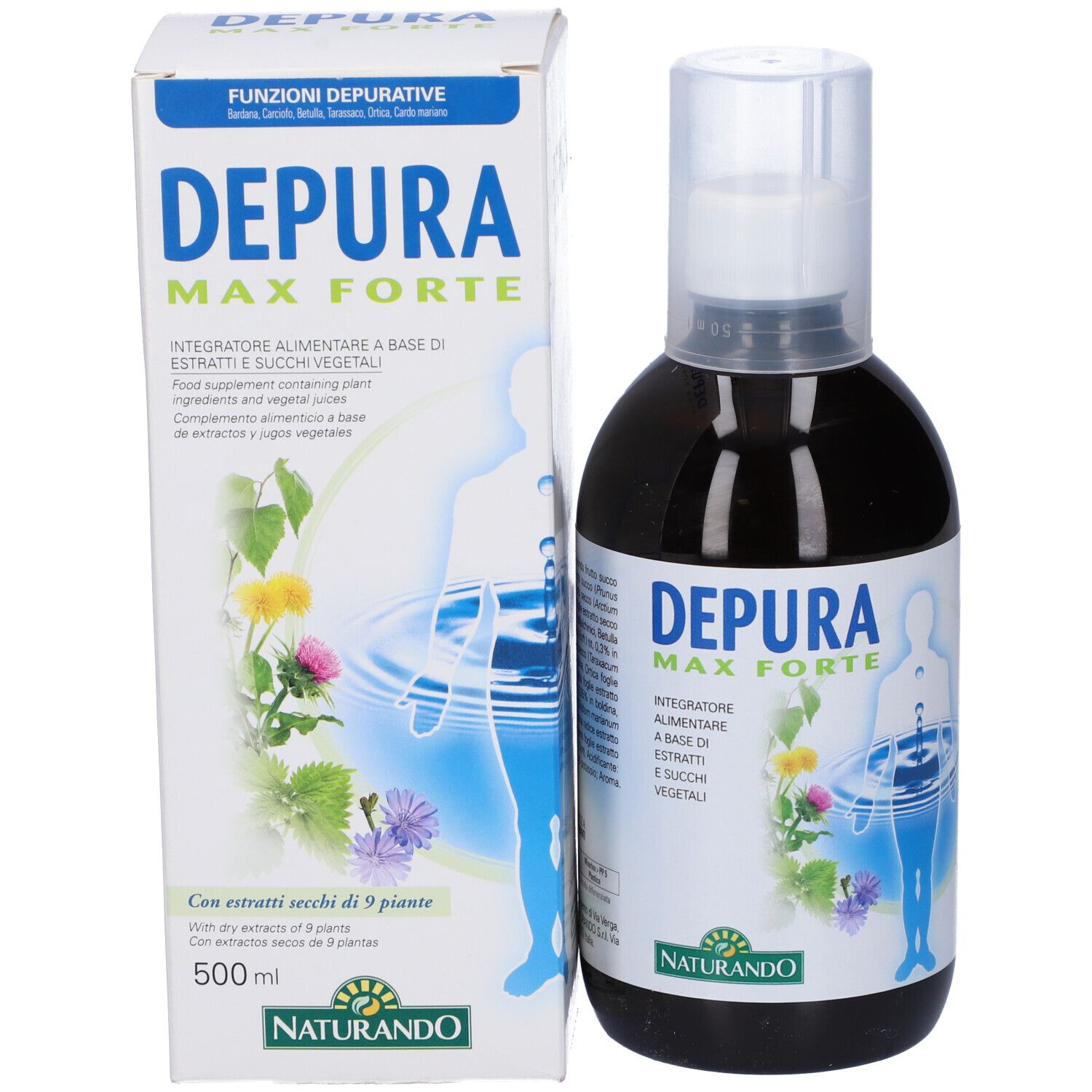 Bottiglia e confezione. Scritta: Depura Max Forte. Marchio: Naturando. 500 ml.
