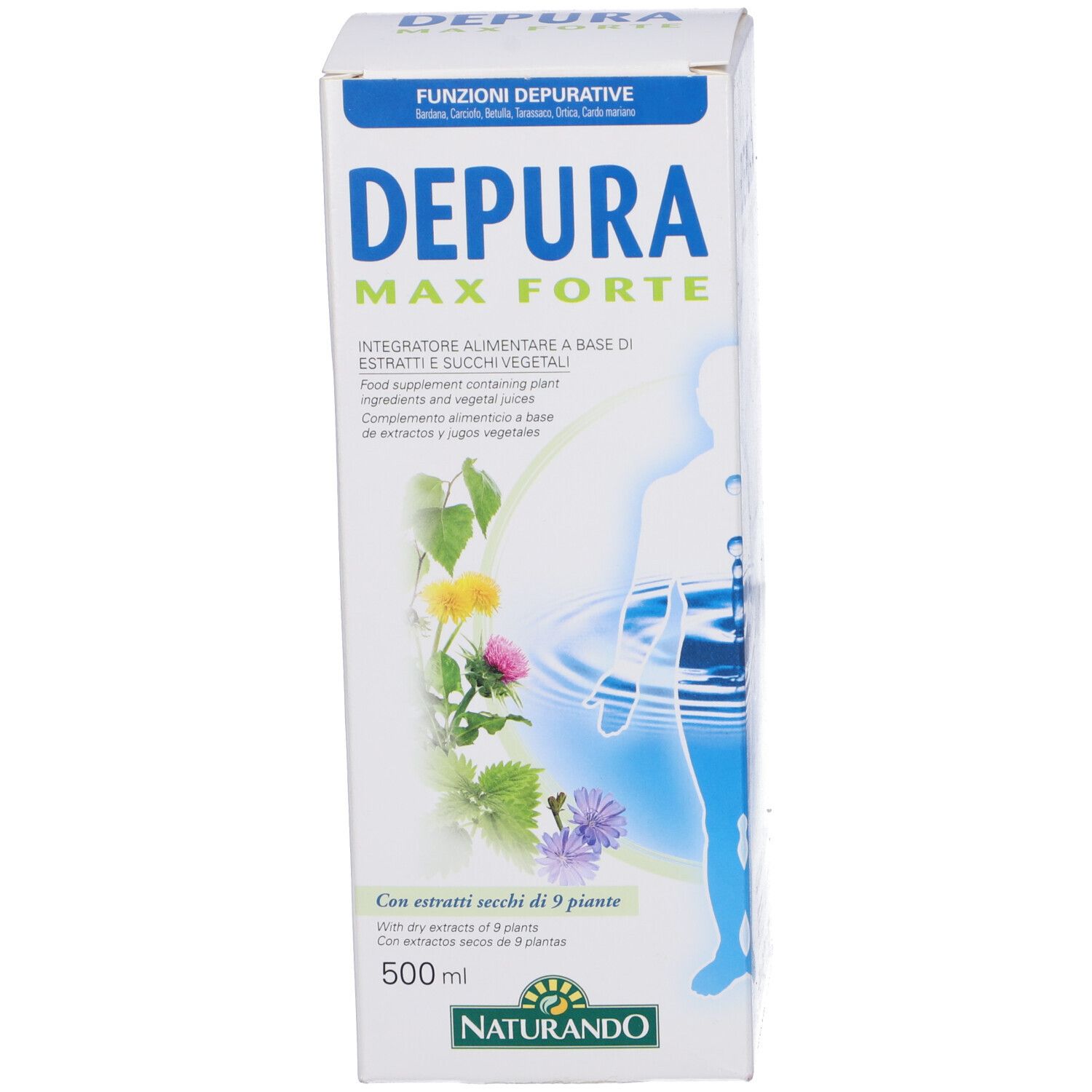 Confezione. Scritta: Depura Max Forte. Marchio: Naturando. 500 ml.