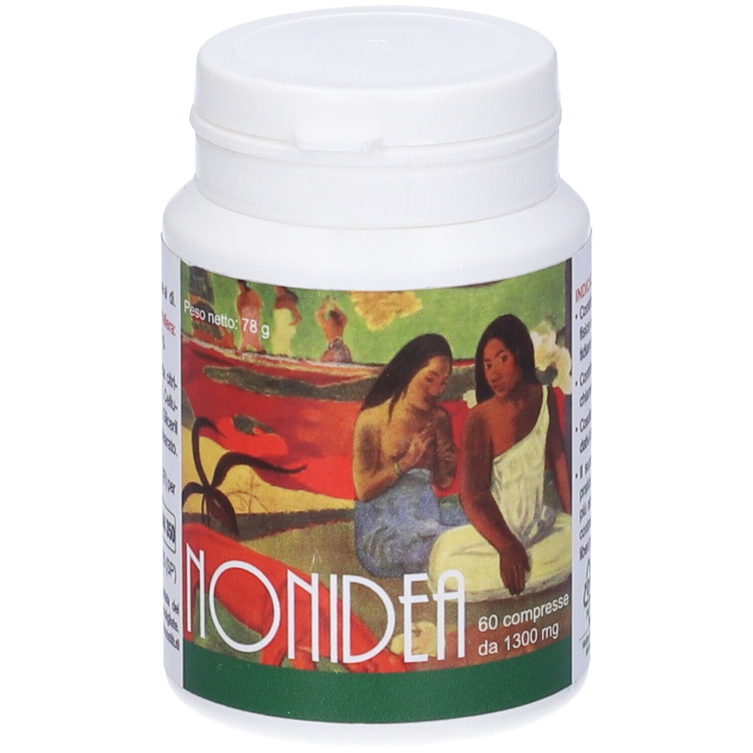 Flacone bianco con tappo. Etichetta con motivo artistico e scritta MONIDEA. 60 compresse da 1300 mg.