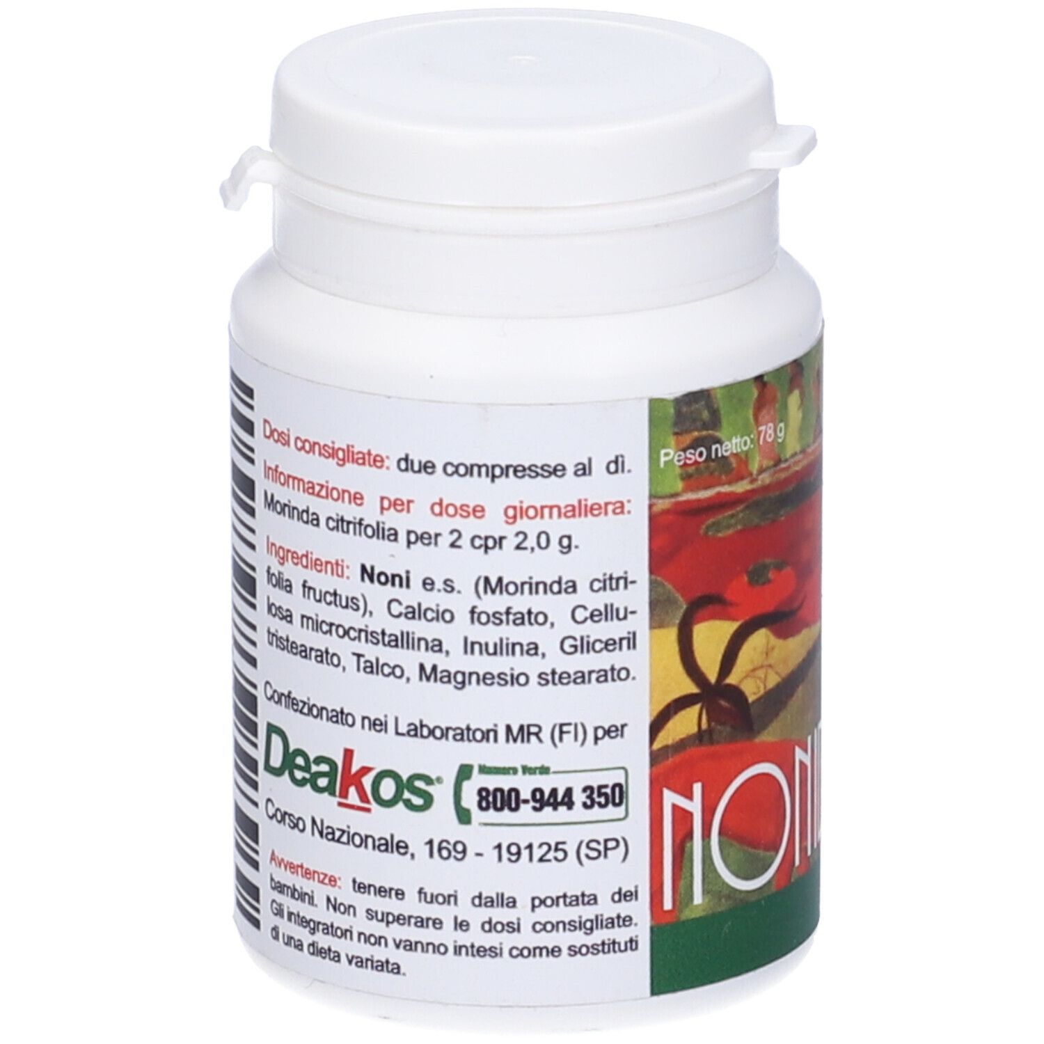 Flacone bianco con tappo. Etichetta con testo e informazioni. Marchio Deakos. Numero di telefono e ingredienti.