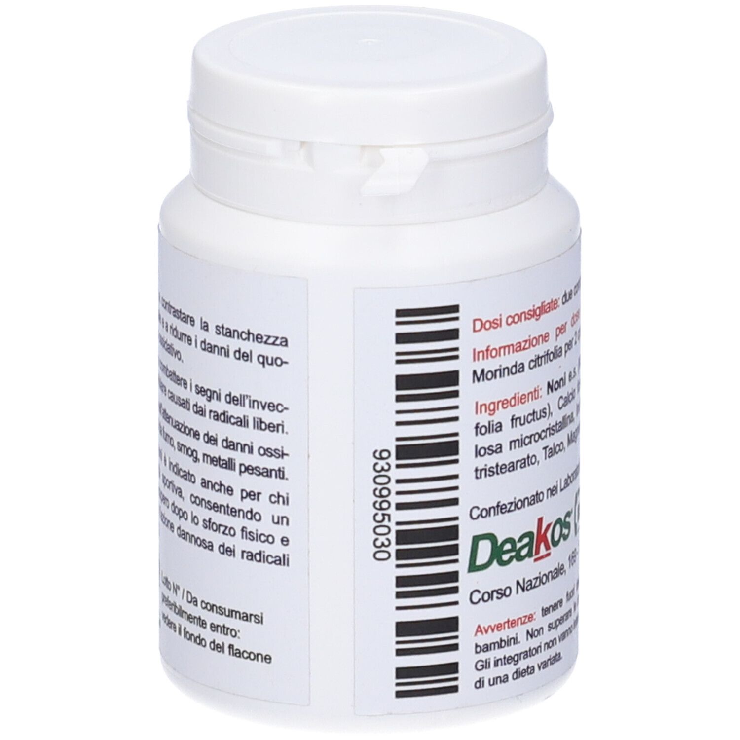 Flacone bianco con tappo. Etichetta con codice a barre e testo. Marchio Deakos. Informazioni sul dosaggio e ingredienti.