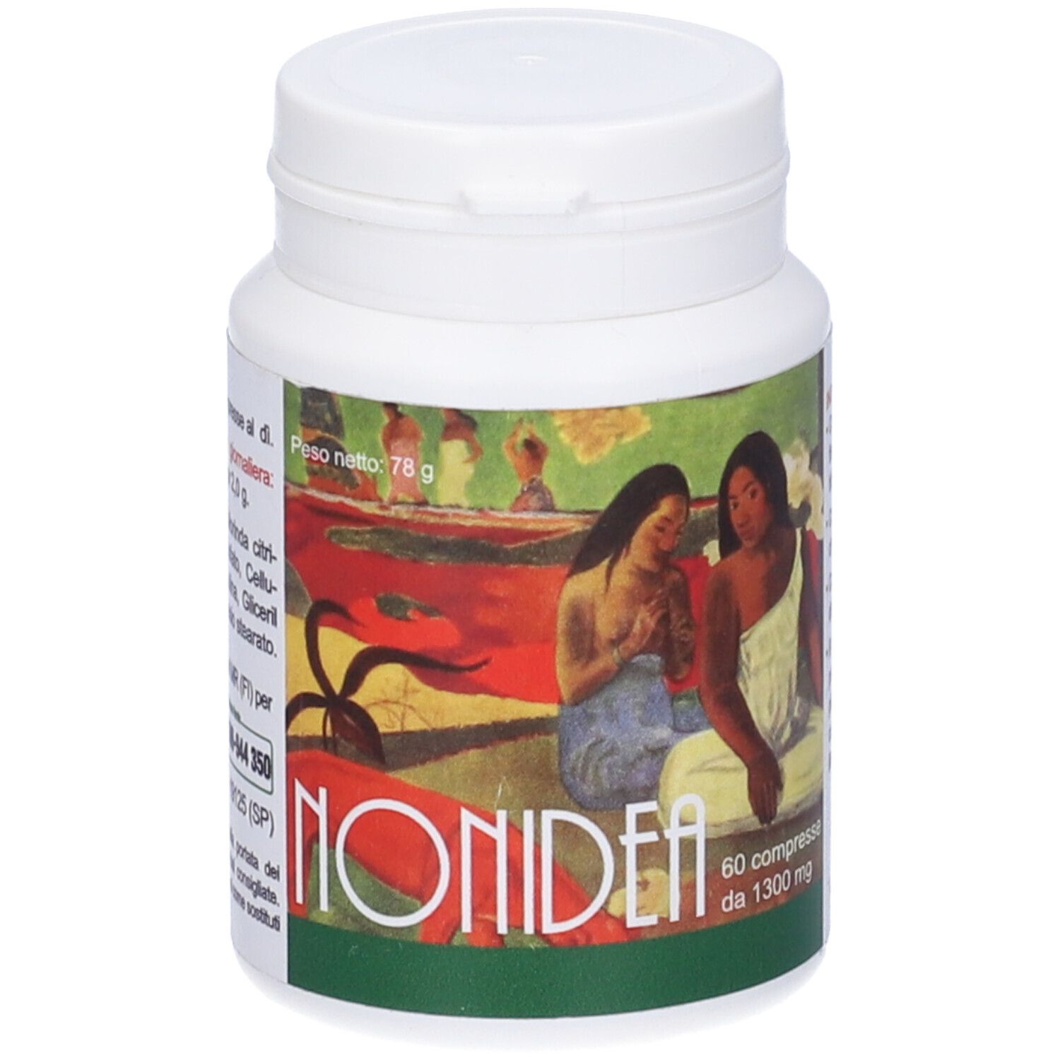 Flacone bianco con tappo. Etichetta con motivo artistico e scritta MONIDEA. 60 compresse da 1300 mg.