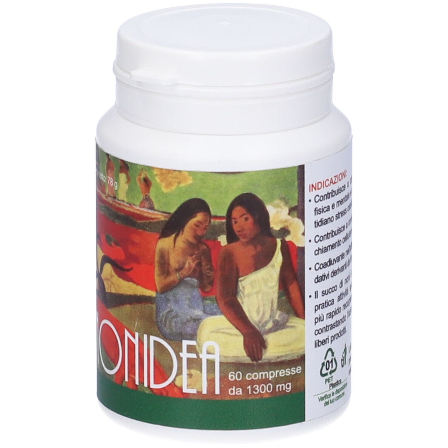 Flacone bianco con tappo. Etichetta con motivo artistico e scritta MONIDEA. 60 compresse da 1300 mg.