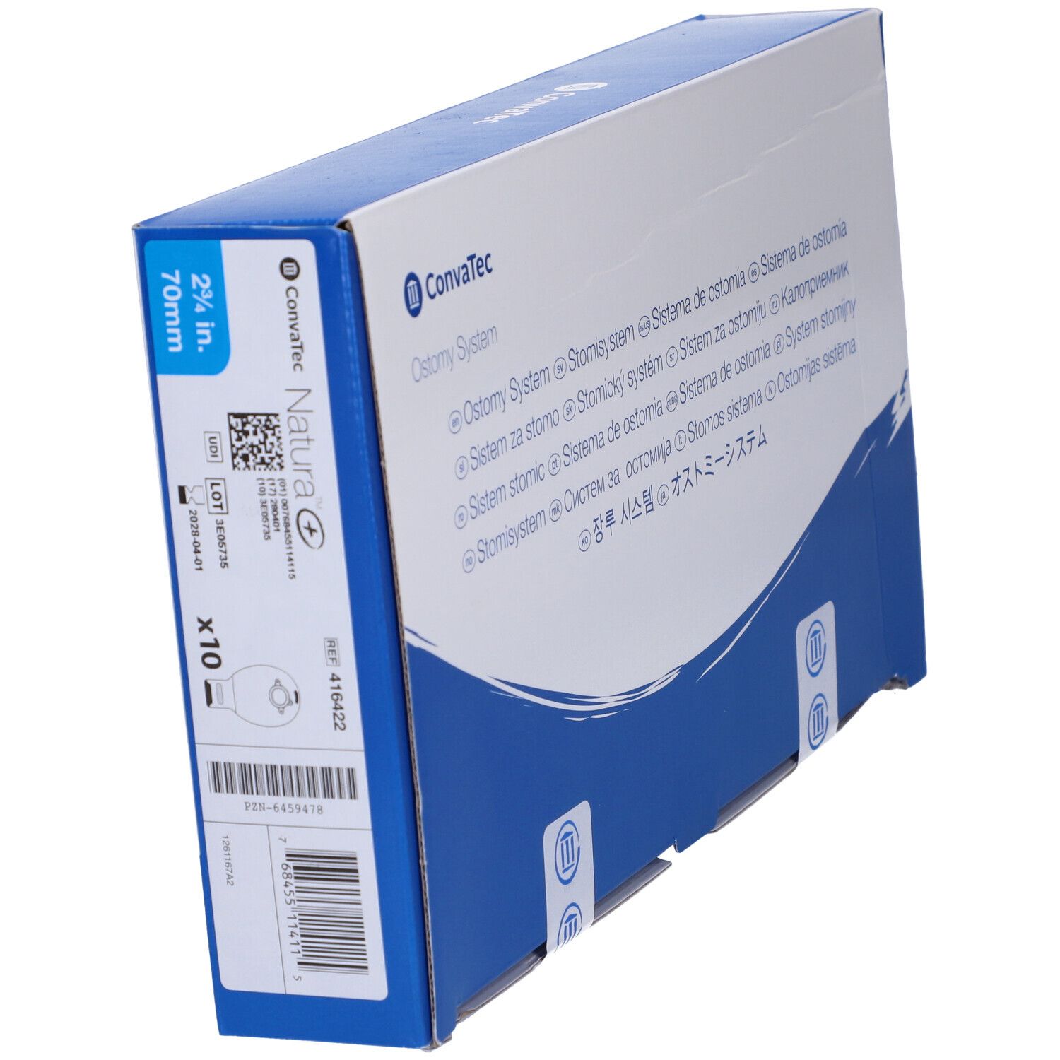 Confezione blu e bianca. Testo: Convatec Natura, 2in. 70mm, 10 pezzi. Codice a barre e altre informazioni.