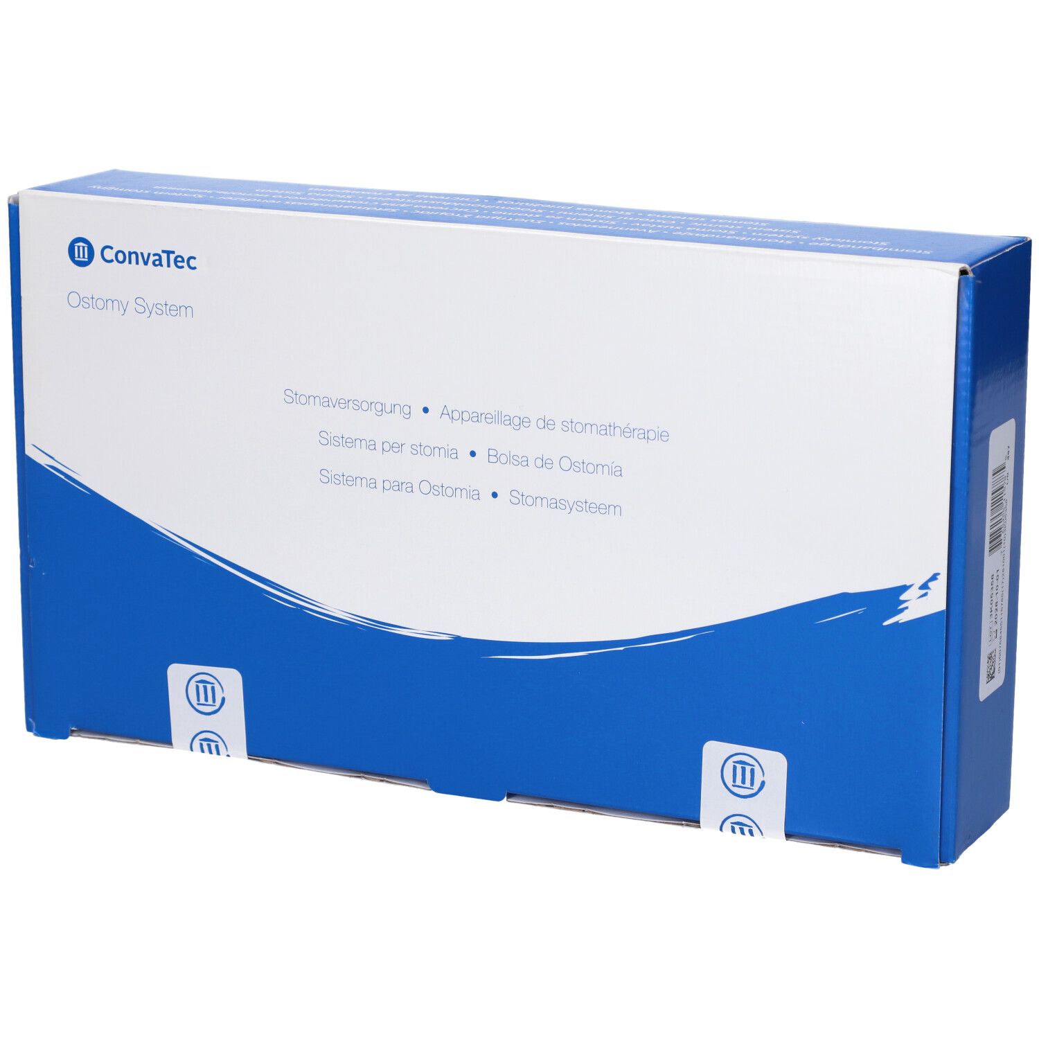 Confezione blu e bianca. Scritta: ConvaTec Ostomy System. Denominazioni multilingue del prodotto.