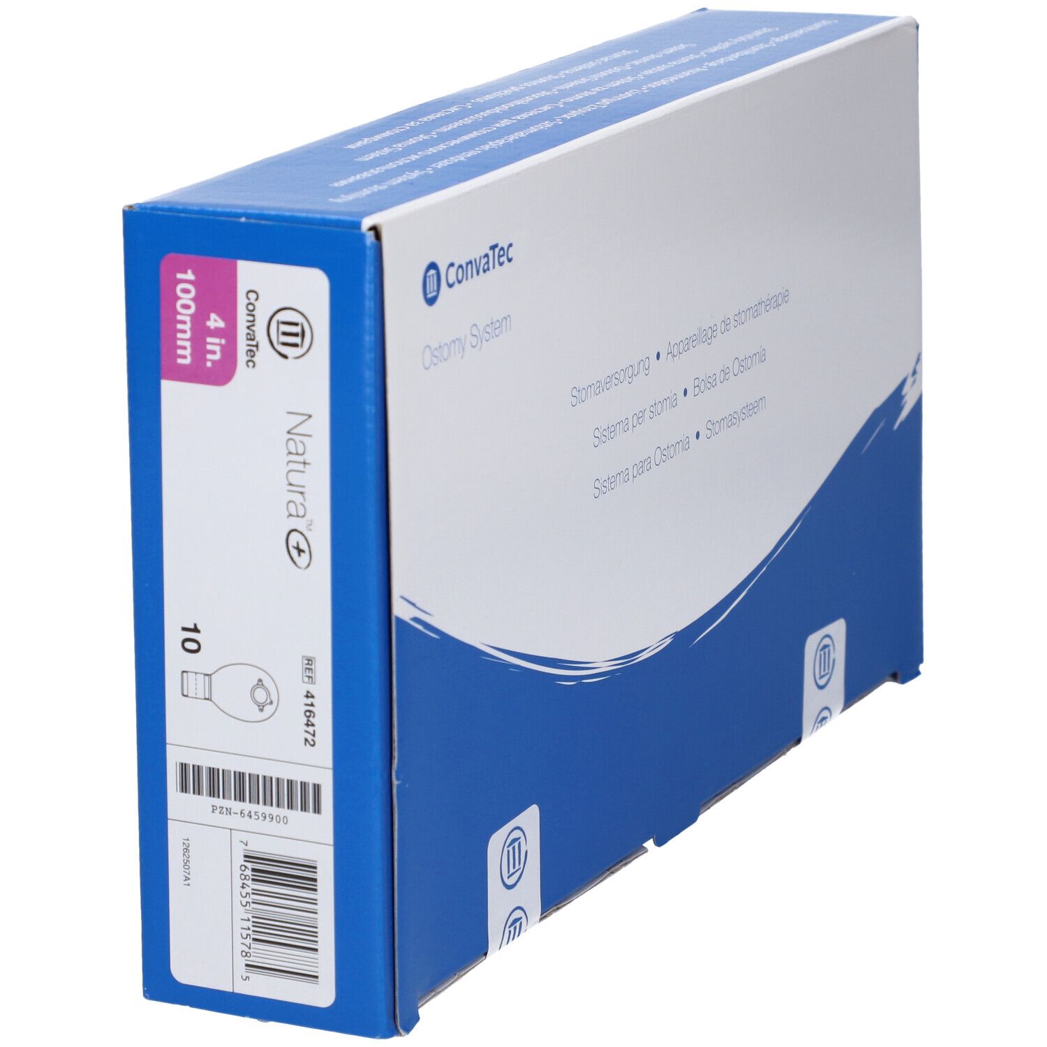 Confezione blu e bianca. Scritta: ConvaTec Natura+. 100mm, 10 pezzi. Codice a barre e informazioni sul prodotto.
