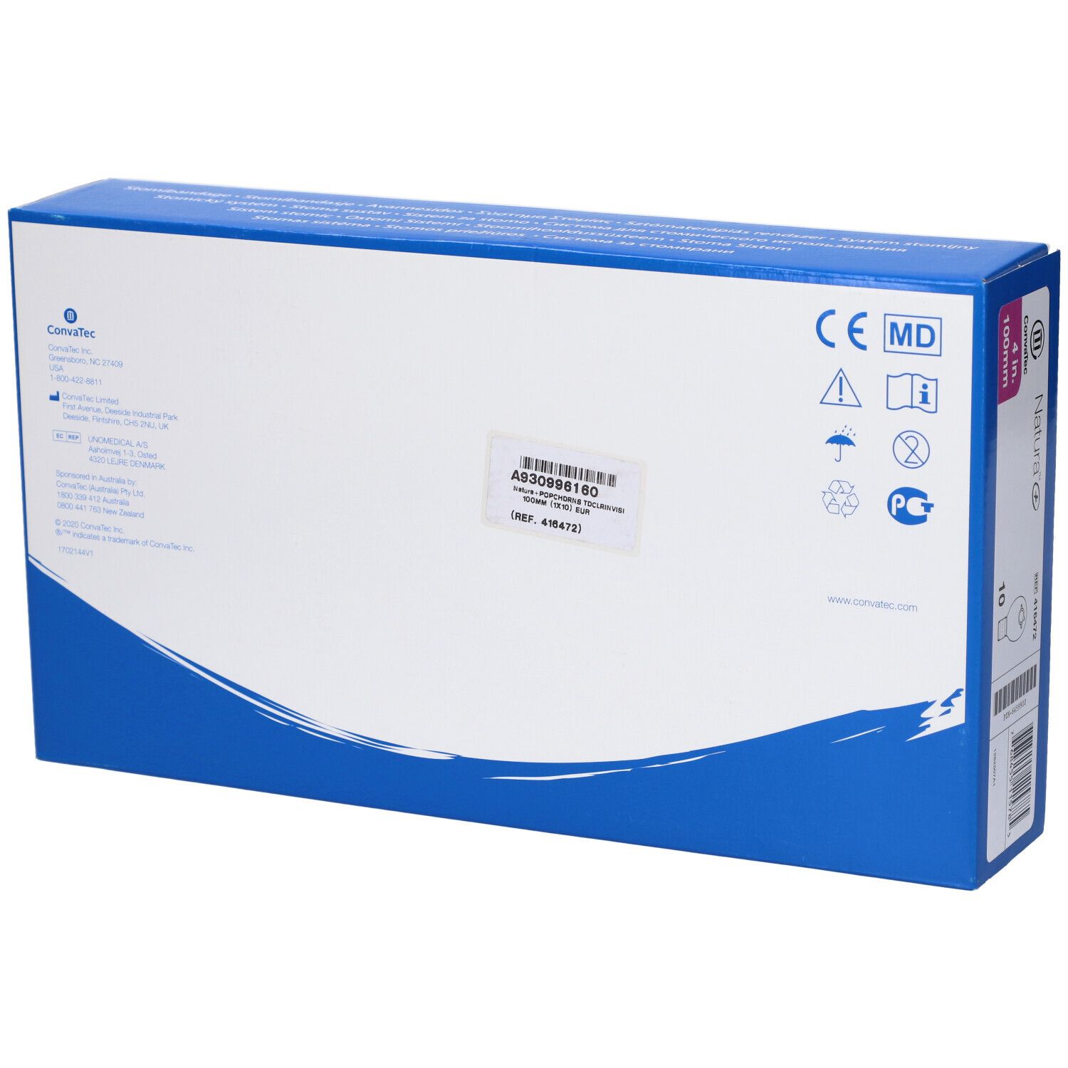 Retro della confezione blu. Informazioni sul prodotto, marchio CE e pittogrammi.