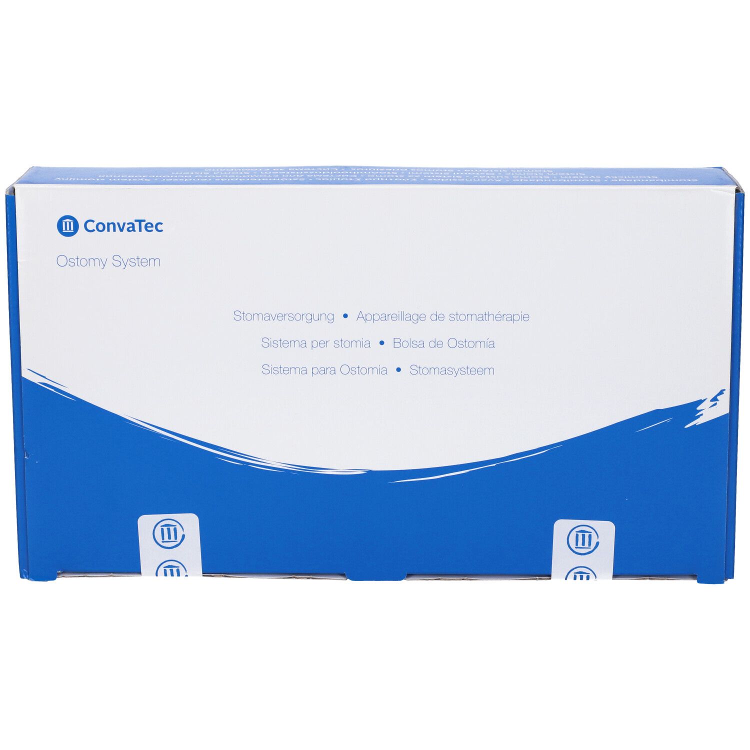 Confezione blu e bianca. Scritta: ConvaTec Ostomy System. Denominazioni multilingue del prodotto.