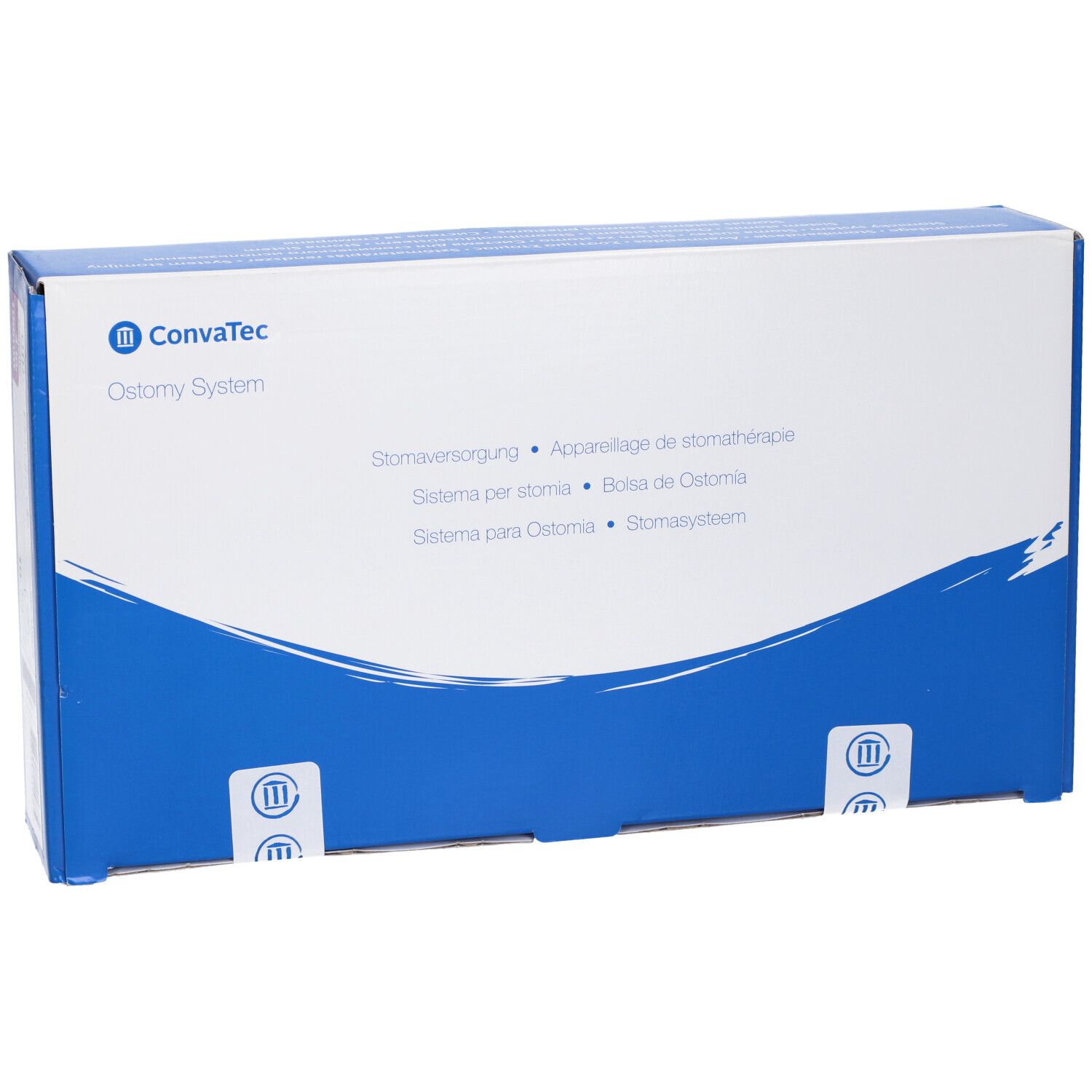 Confezione blu e bianca. Scritta: ConvaTec Ostomy System. Denominazioni multilingue del prodotto.