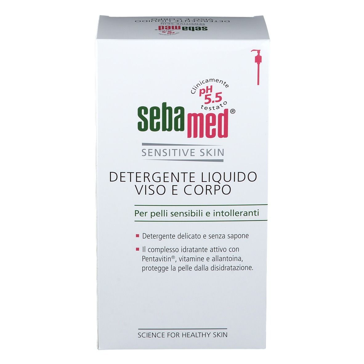 Fronte della scatola Sebamed Detergente Liquido Viso e Corpo.
