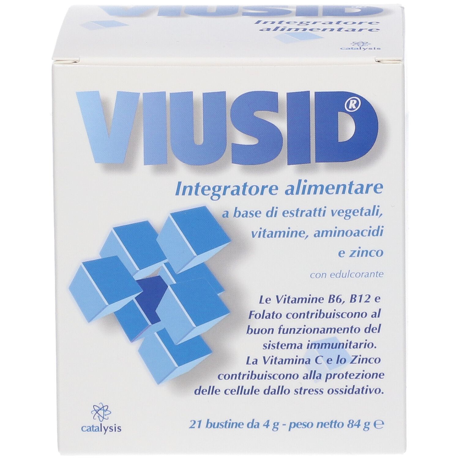 Scatola bianca VIUSID. Contiene 21 bustine. Scritto: Integratore alimentare, vitamine, aminoacidi, zinco.