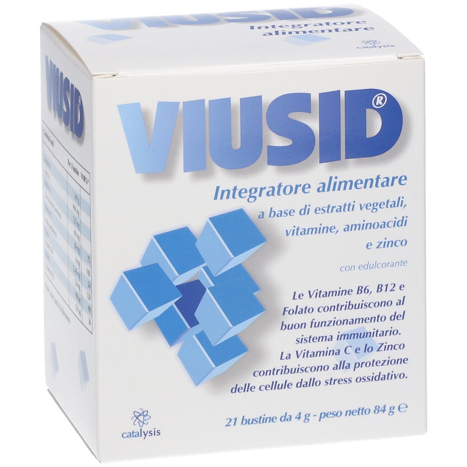 Scatola bianca VIUSID. Contiene 21 bustine. Scritto: Integratore alimentare, vitamine, aminoacidi, zinco.