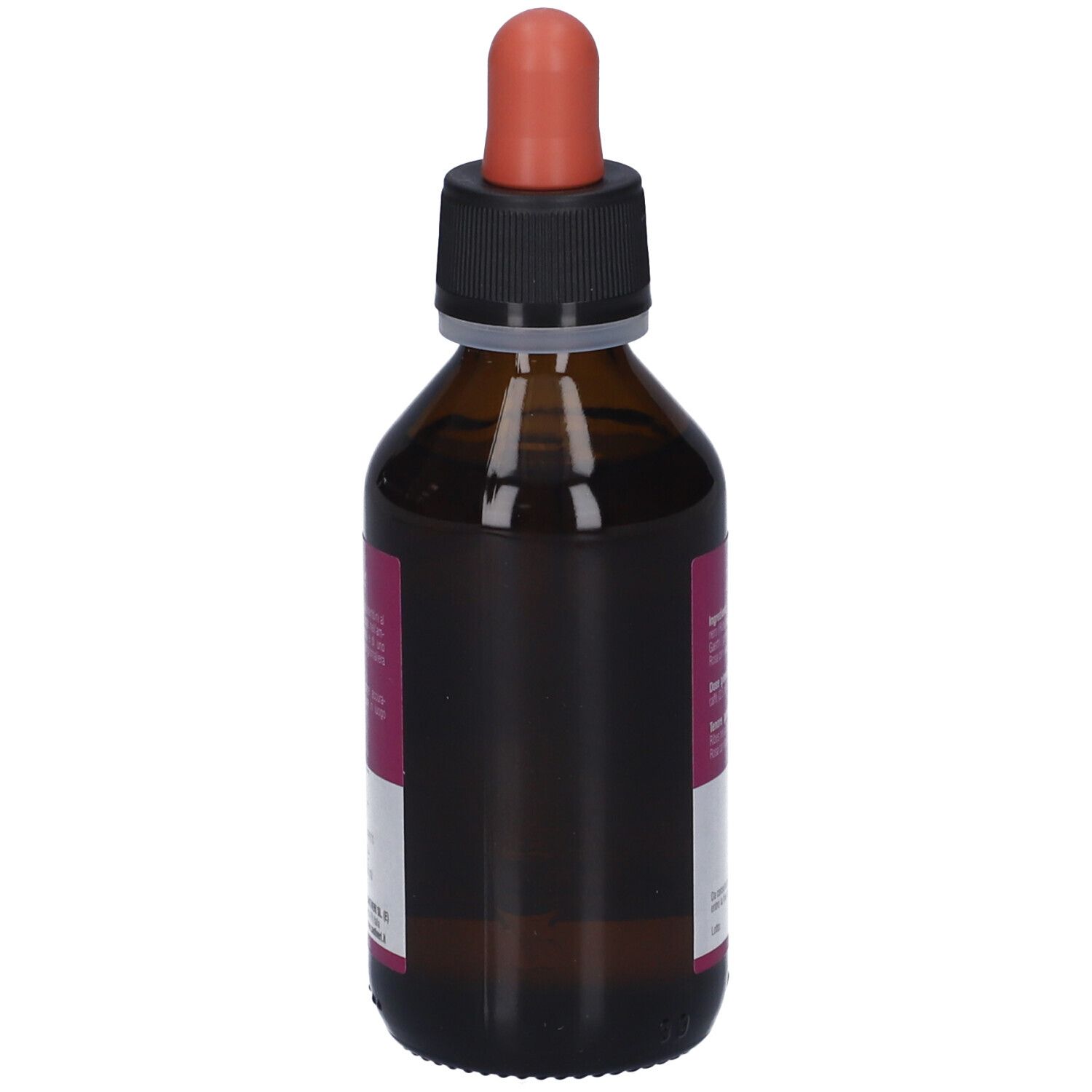 Flacone di vetro marrone con tappo nero e contagocce rosso. Etichetta con testo. Prodotto: Zefirus. Vista posteriore.