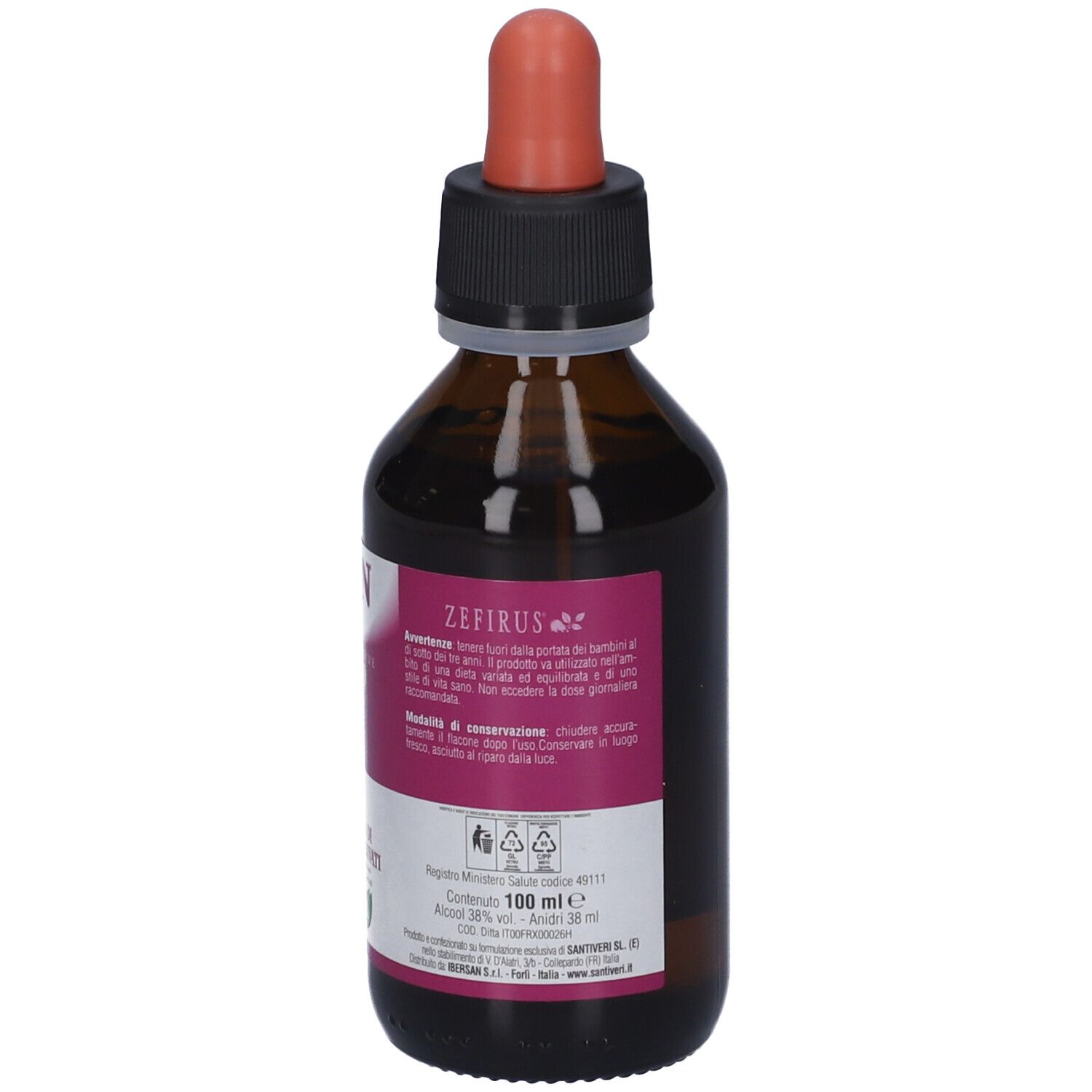 Flacone di vetro marrone con tappo nero e contagocce rosso. Etichetta con testo. Prodotto: Zefirus. Volume: 100 ml.
