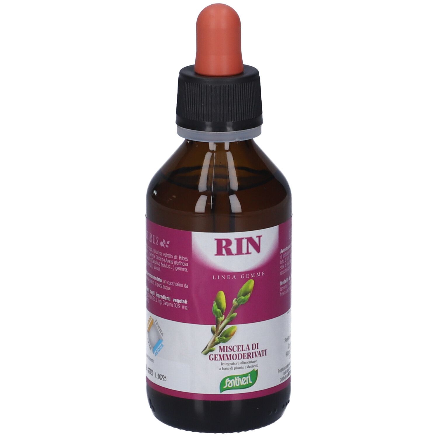 Flacone di vetro marrone con tappo nero e contagocce rosso. Etichetta con testo e logo. Prodotto: Rin Linea Gemme.