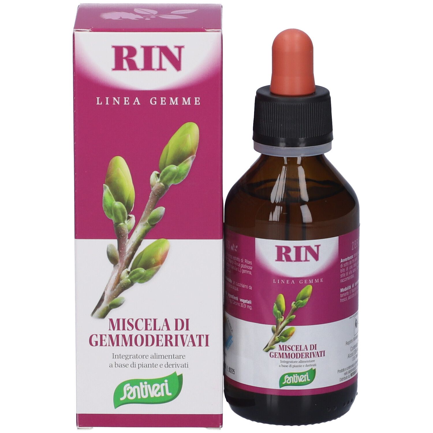 Flacone e scatola del prodotto. Flacone di vetro marrone con tappo nero e contagocce rosso. Scatola con testo e logo.