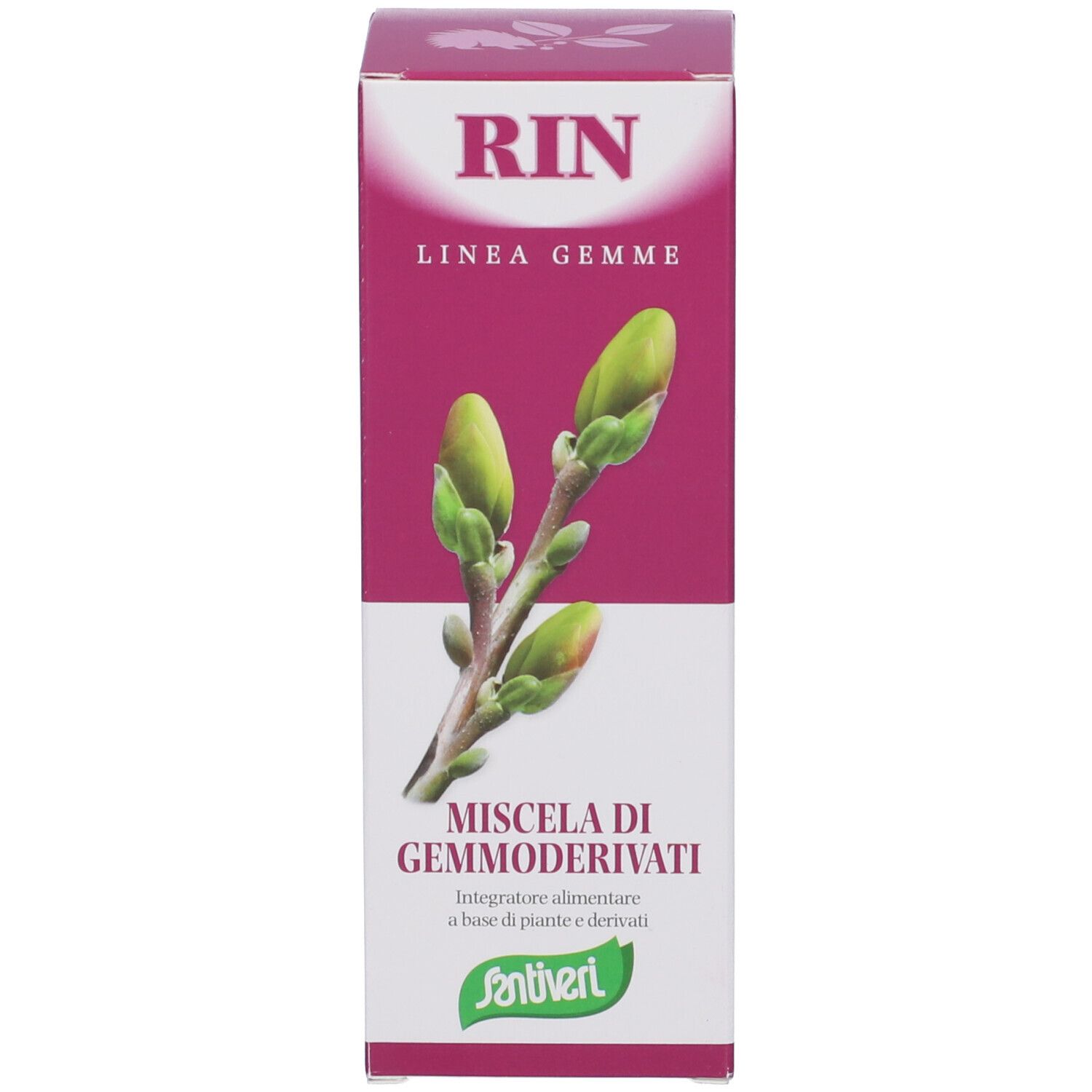 Confezione del prodotto. Scatola con testo e logo. Prodotto: Rin Linea Gemme. Illustrazione di gemme.