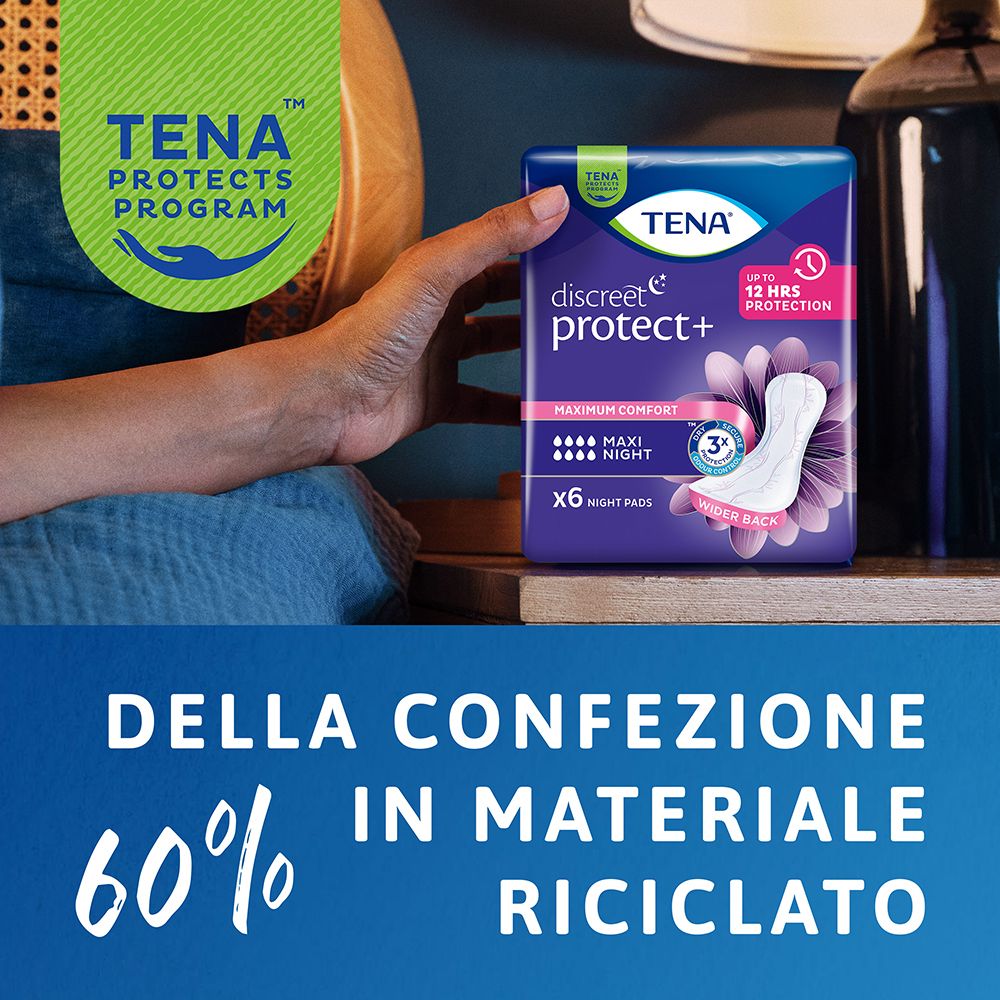 Confezione di Tena® Lady Maxi Night. Confezione viola con immagine del prodotto e indicazioni. Testo: 60% in Materiale riciclato.