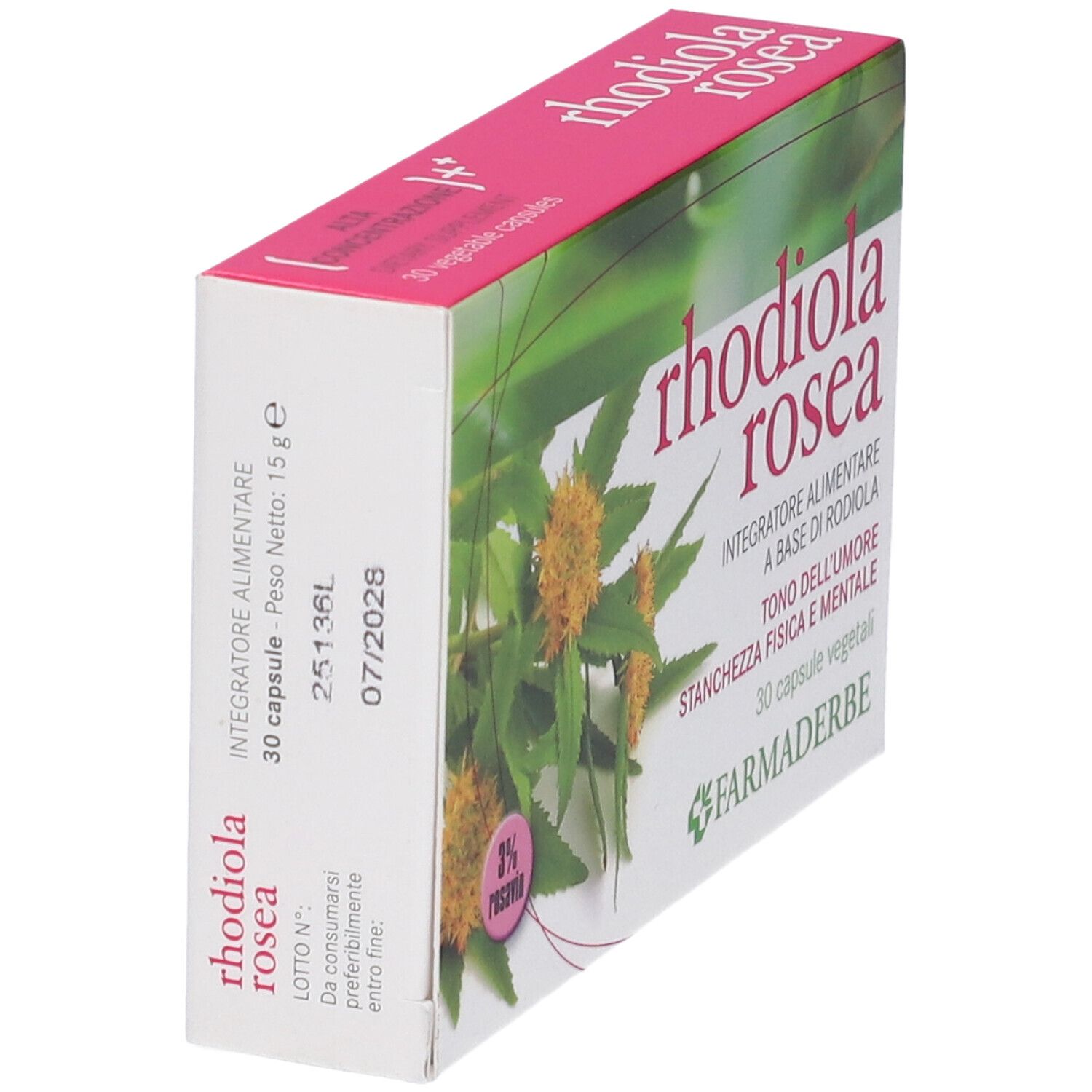 Scatola Rhodiola Rosea, vista laterale. Scritta: 30 capsule, 3% rosavina. Marchio: Farmaderbe. Data di scadenza.
