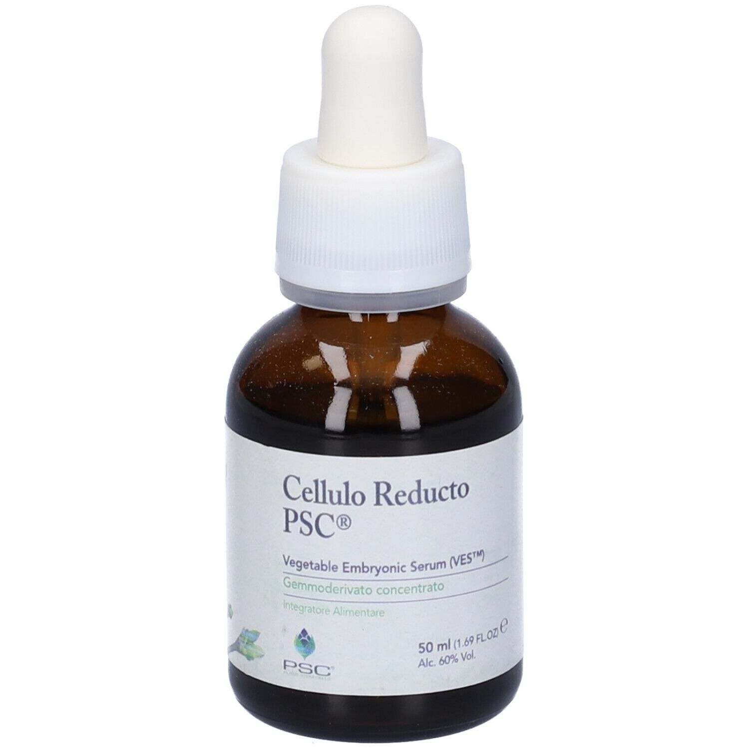 Flacone di vetro marrone con contagocce bianco. Scritta: Cellulo Reducto, PSC. Logo verde e testo.