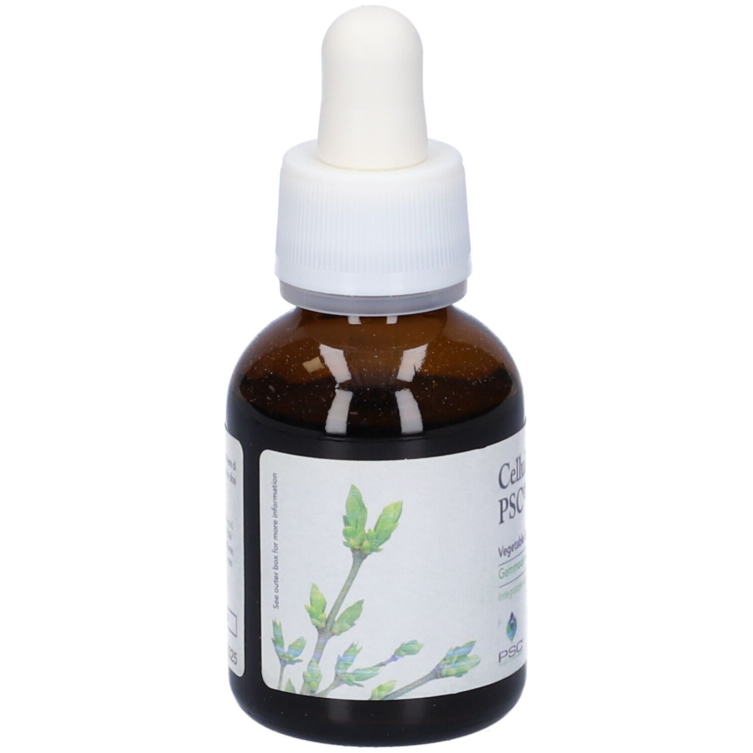 Flacone di vetro marrone con contagocce bianco. Scritta: Cellulo Reducto, PSC. Logo verde e testo.