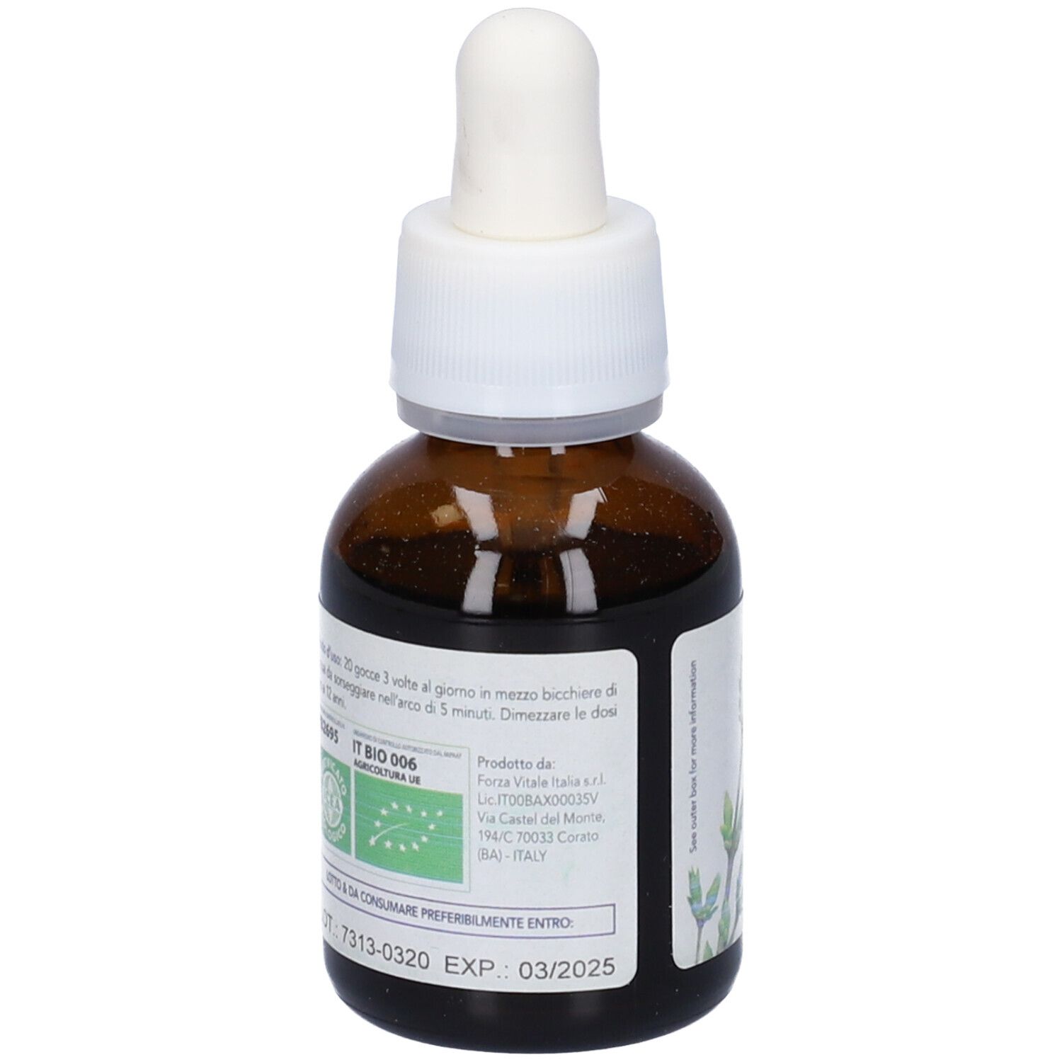 Flacone di vetro marrone con contagocce bianco. Scritta: Cellulo Reducto, PSC. Logo verde e testo.