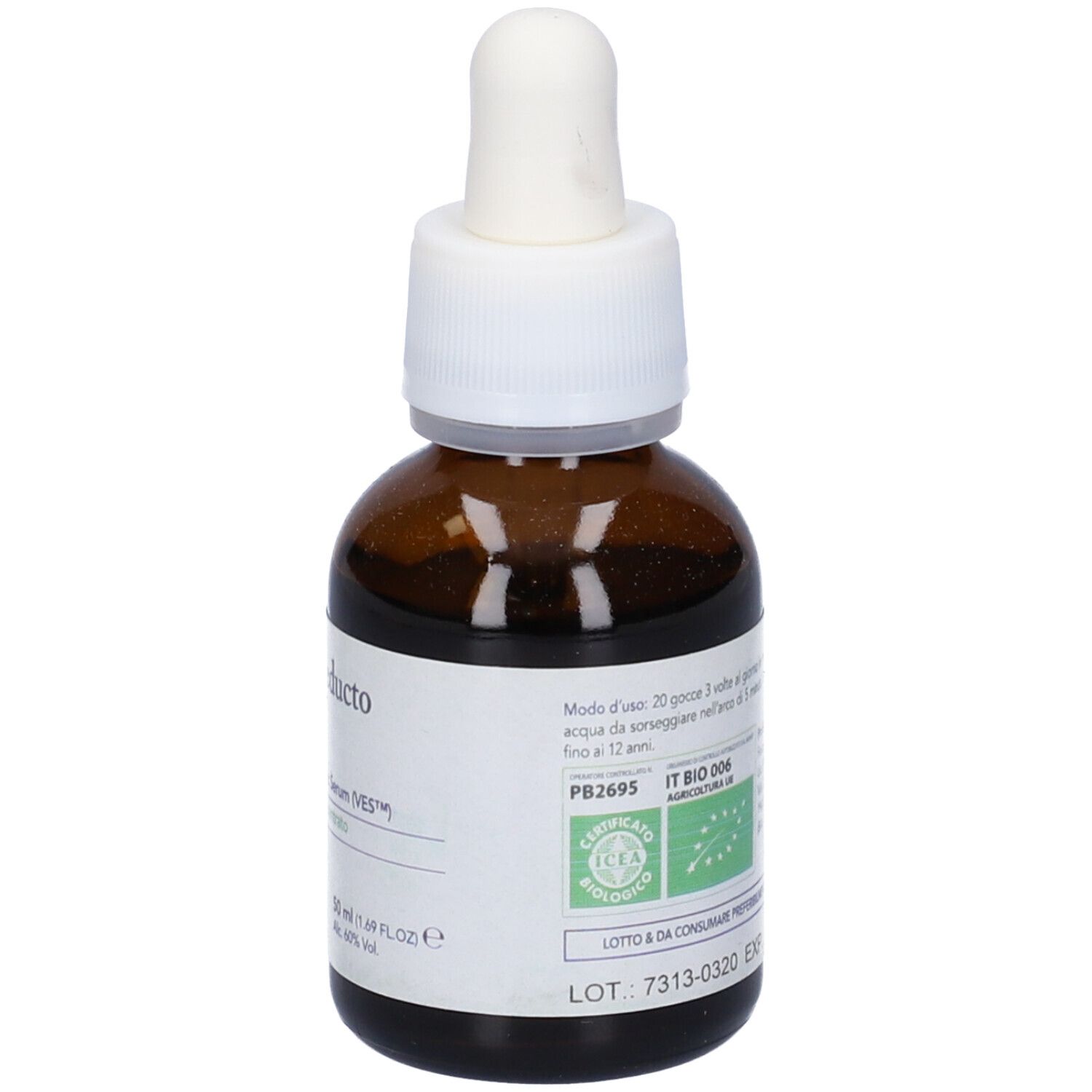 Flacone di vetro marrone con contagocce bianco. Scritta: Cellulo Reducto, PSC. Logo verde e testo.