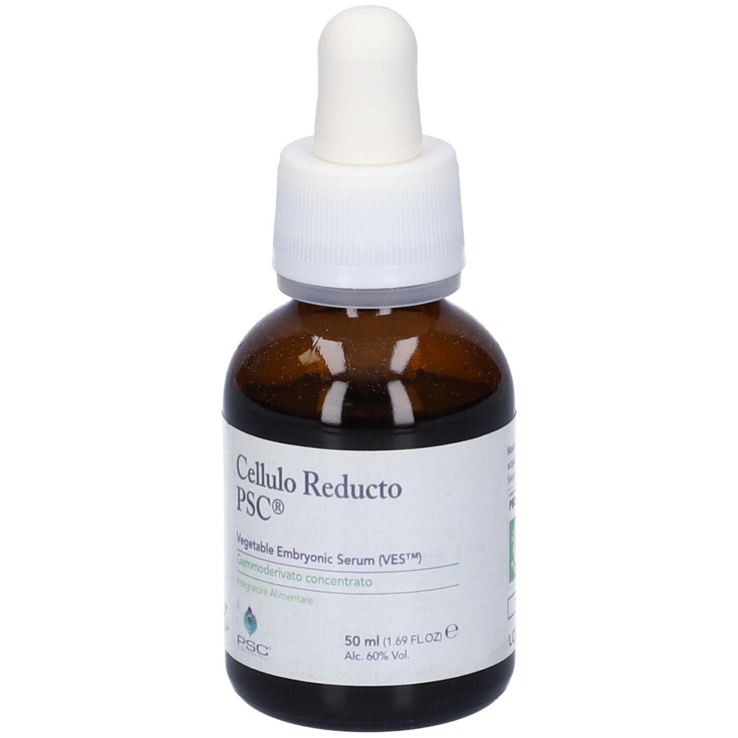 Flacone di vetro marrone con contagocce bianco. Scritta: Cellulo Reducto, PSC. Logo verde e testo.