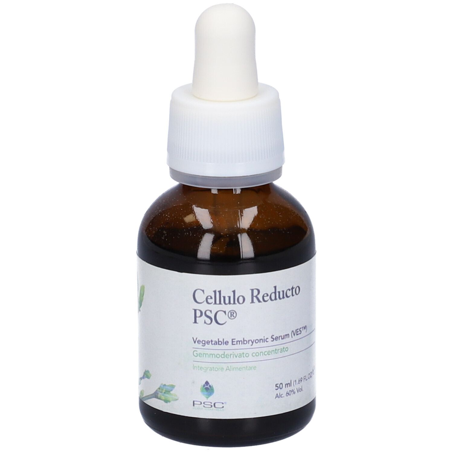 Flacone di vetro marrone con contagocce bianco. Scritta: Cellulo Reducto, PSC. Logo verde e testo.