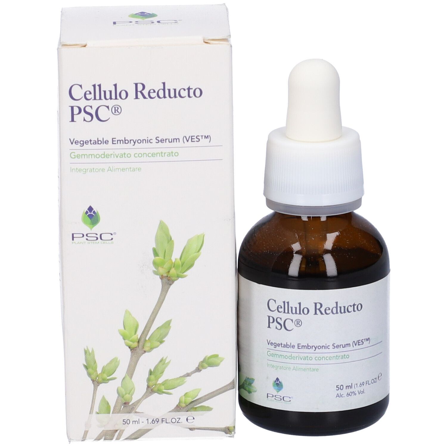 Flacone di vetro marrone con contagocce e scatola. Scritta: Cellulo Reducto, PSC. Logo verde e testo.