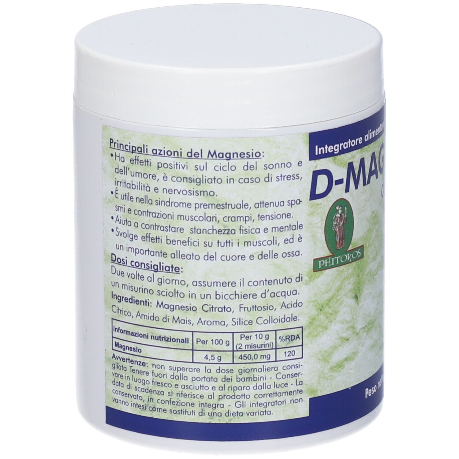 Contenitore bianco. Etichetta con informazioni prodotto, ingredienti e raccomandazioni di dosaggio.