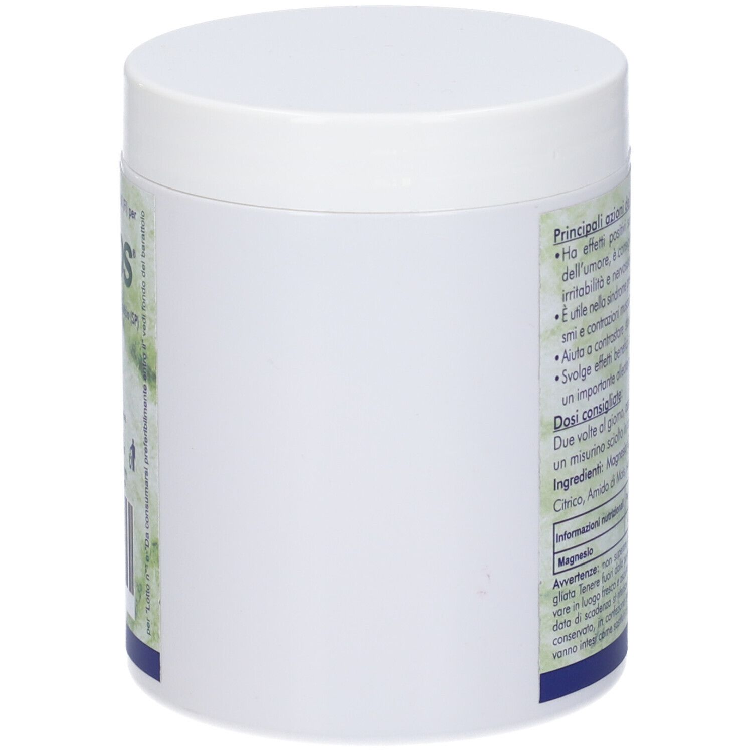 Contenitore bianco con coperchio. Etichetta con informazioni prodotto.