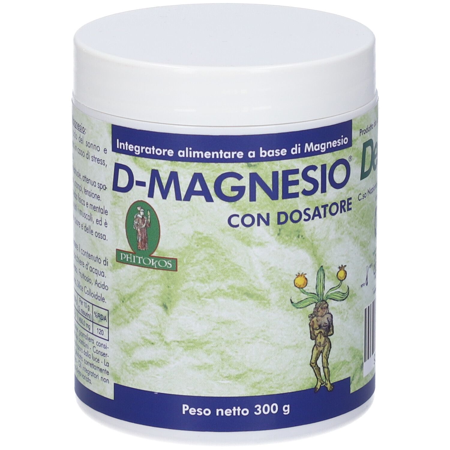 Contenitore bianco con coperchio. Scritta D-MAGNESIO con dosatore. Etichetta con informazioni prodotto e logo.