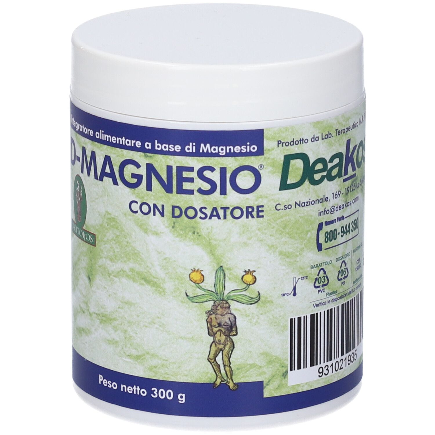 Contenitore bianco con coperchio. Scritta D-MAGNESIO con dosatore. Etichetta con informazioni, logo e contatti.