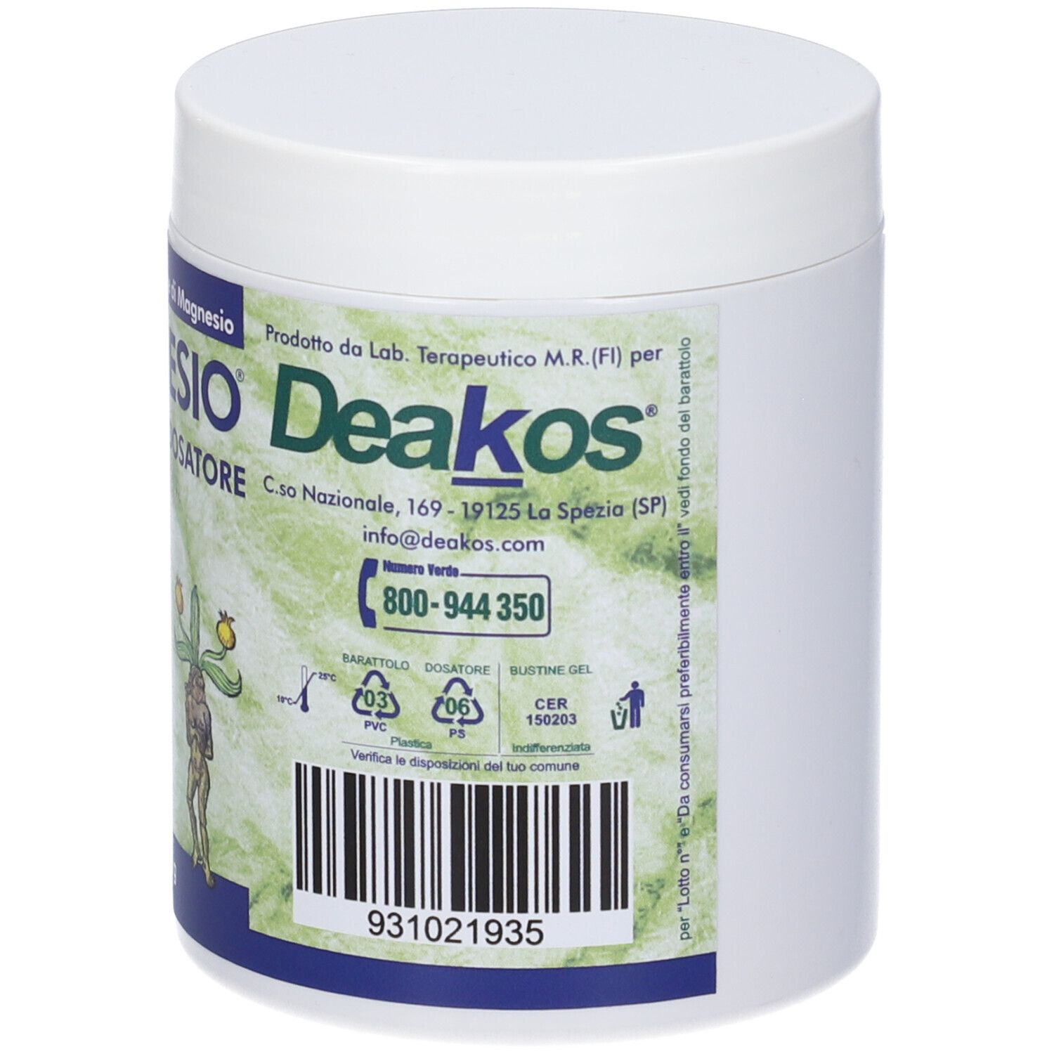 Contenitore bianco con coperchio. Etichetta con informazioni prodotto, logo, contatti e codice a barre.