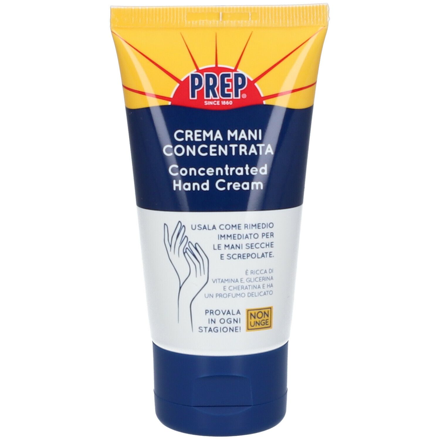 Tubo di crema mani. Giallo e blu. Scritta: PREP, Crema Mani Concentrata, Hand Cream. Illustrazione mani. Testo.