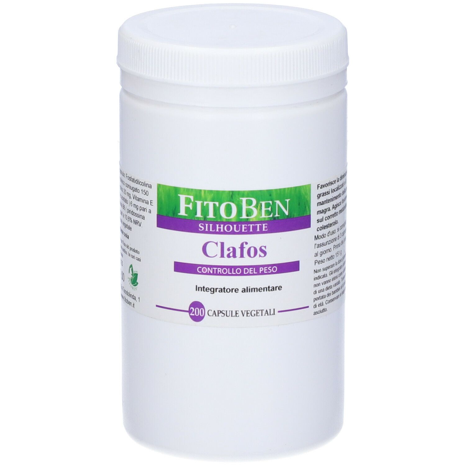 Contenitore cilindrico bianco con tappo a vite. Etichetta con nome del prodotto e 200 capsule.