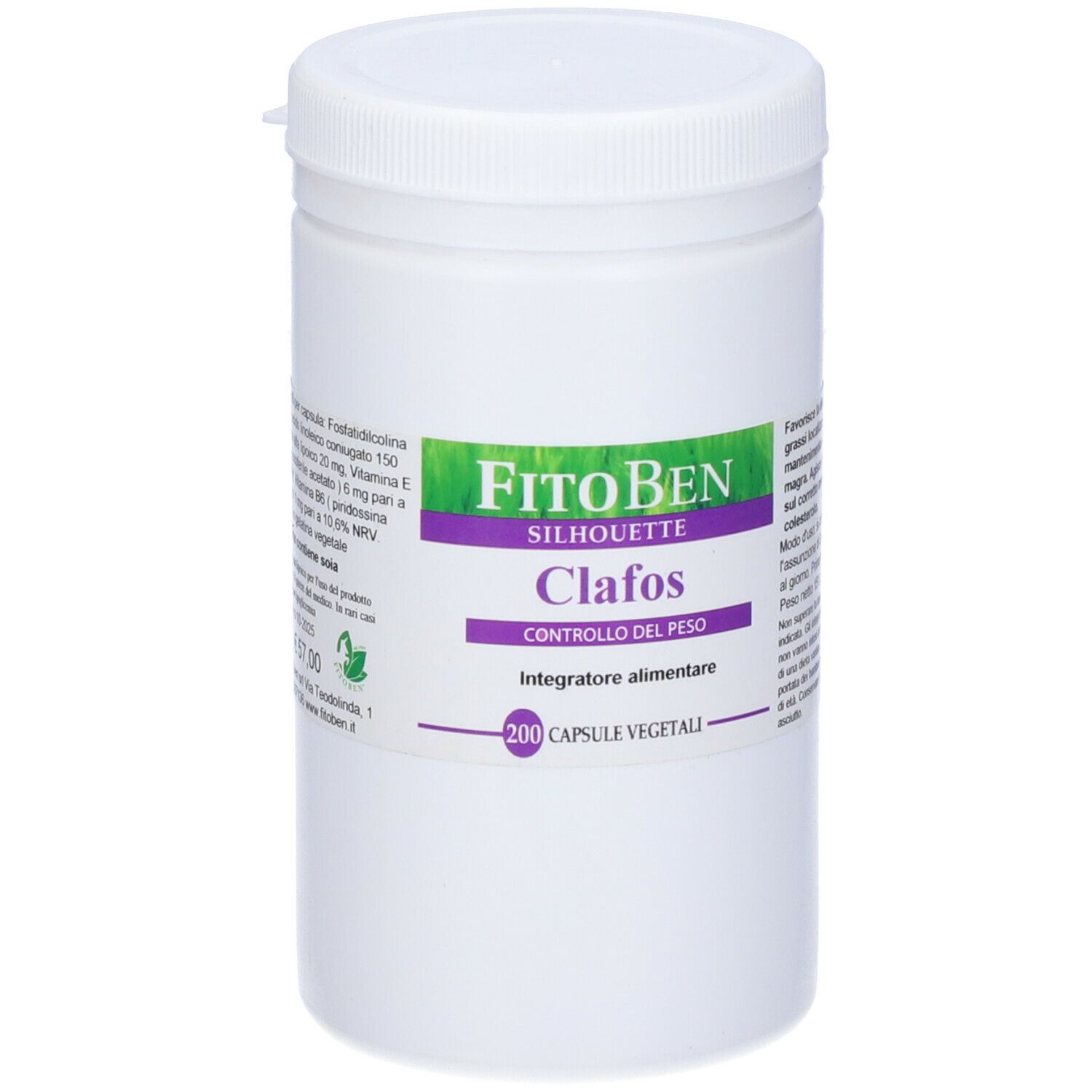 Contenitore cilindrico bianco con tappo a vite. Etichetta con nome del prodotto e 200 capsule.